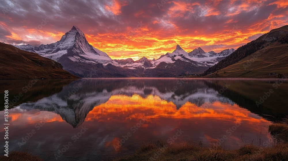 Fototapeta premium Mountain Peaks Reflected in Still Lake at Sunset