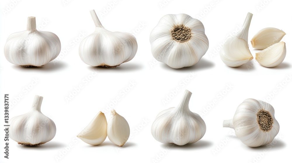 Fototapeta premium Collection of Fresh Garlic Bulbs and Cloves Isolated on White Background