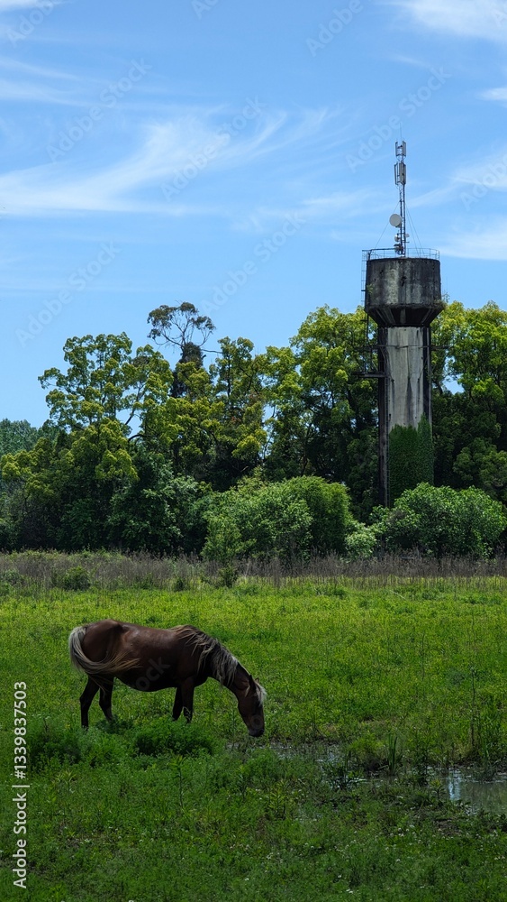 Fototapeta premium A tranquil and serene rural scene showcases a grazing horse alongside a telecom tower amidst lush, vibrant greenery