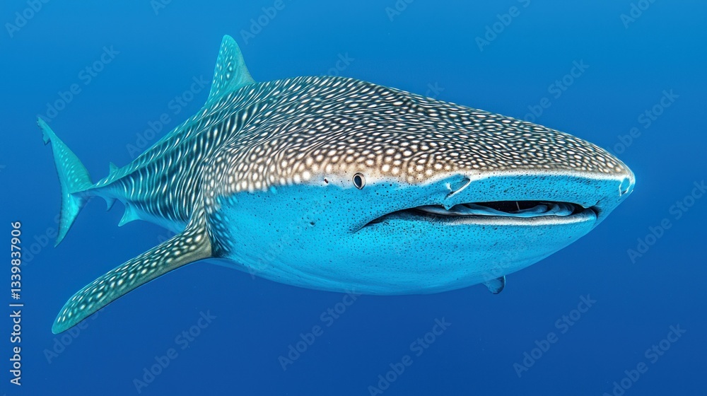 Fototapeta premium An impressive whale shark is gracefully swimming in deep blue waters