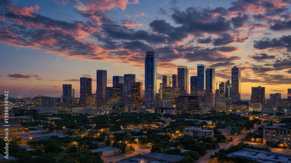 Fototapeta premium City Skyline with Pink and Purple Clouds at Dusk