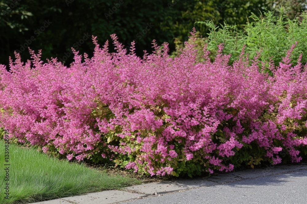 Obraz premium Blossoming Pink Spirea: A Decorative Flora of Japanese Japonica Family in Vibrant Spring Colors