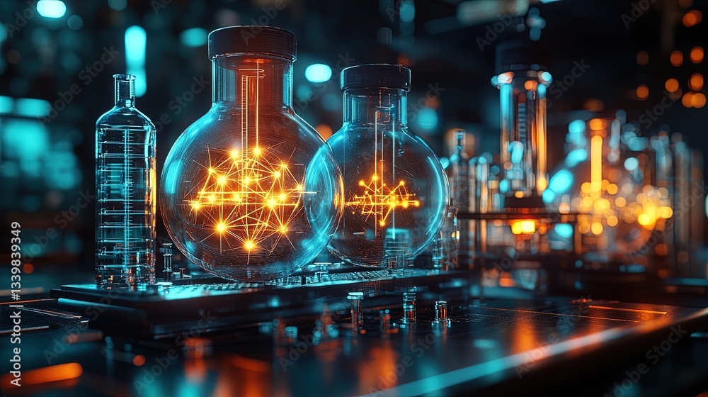 A futuristic science lab with glowing holographic displays of quantum particles, intricate and luminous A futuristic science lab with glowing holographic displays of quantum particles, intricate and luminous