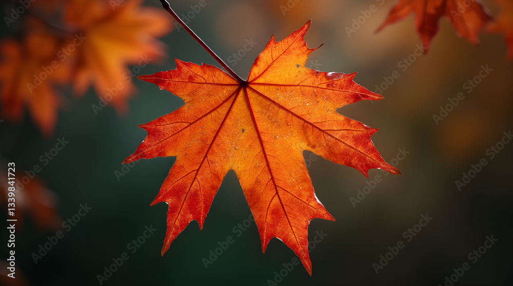 Vibrant Red Orange Maple Leaf - Autumn Fall Foliage - Bokeh Close-Up Detail Vibrant Red Orange Maple Leaf - Autumn Fall Foliage - Bokeh Close-Up Detail