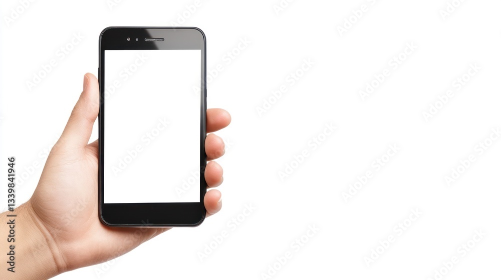 Hand Holding Smartphone with Blank Screen on White Background Hand Holding Smartphone with Blank Screen on White Background
