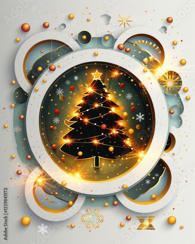 Festive christmas card showcasing a golden lit tree against a snowflake cut white background