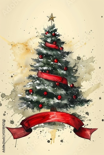 Red ribbon elegantly shaped as a christmas tree, adorned with sparkling snowflakes for decoration.