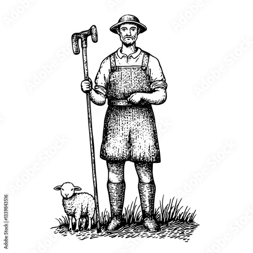 Engraved illustration of a farmer standing proudly with a sheep in a vintage hand-drawn style, showcasing rural life in a timeless design
