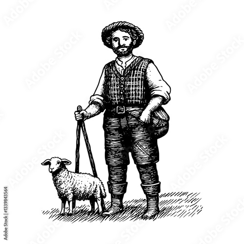 Vintage engraving of a shepherd standing confidently with a sheep in a pastoral setting