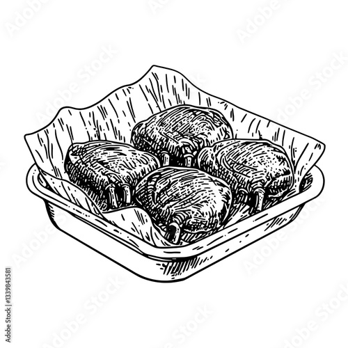 Deliciously engraved illustration of handmade treats presented in a vintage-style serving dish, perfect for art lovers and designers