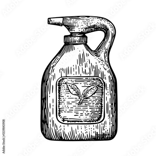 Engraved illustration of a vintage spray bottle showcasing a hand-drawn leaf design for creative tattoo inspirations