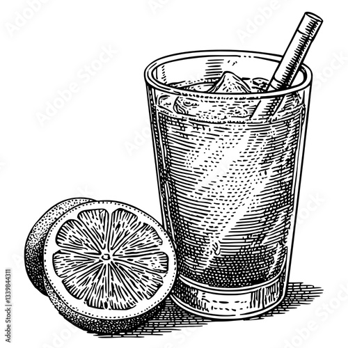Engraved illustration of a refreshing beverage with a lemon slice, capturing vintage charm and intricate details