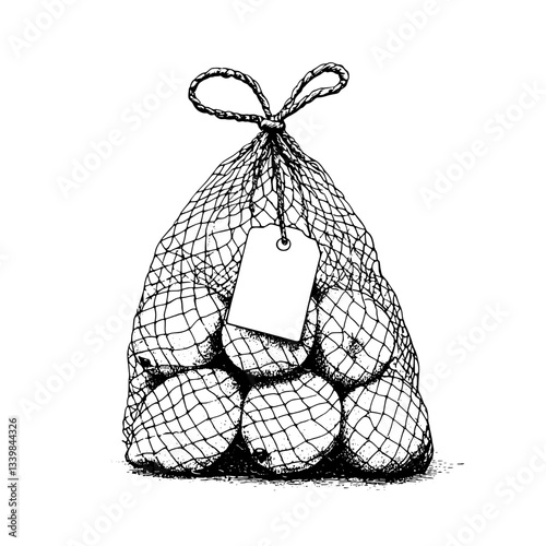 Unique hand-drawn illustration of a bag of potatoes in an intricate netting design emphasizing vintage style and artistic flair