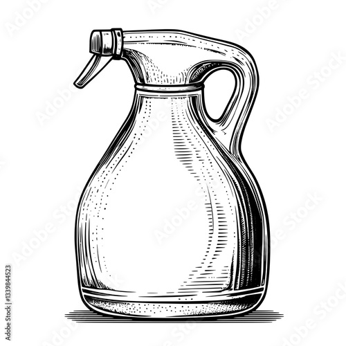 Detailed illustration of a vintage spray bottle showcasing intricate engraving and hand-drawn techniques in black and white