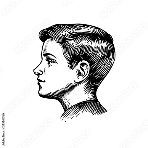 Engraved illustration of a boy's profile showcasing vintage hand-drawn tattoo design in black and white