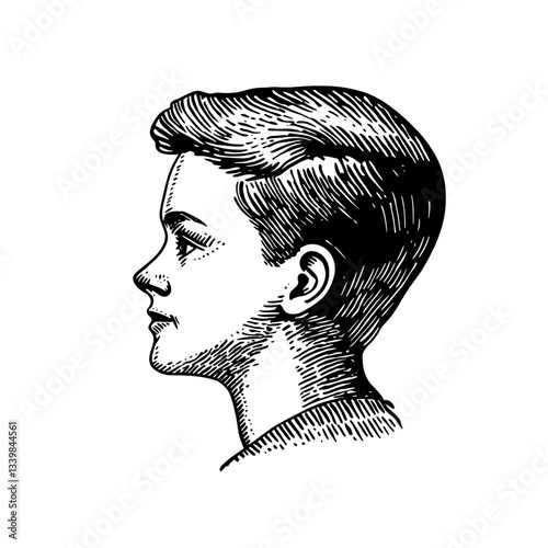Engraved illustration of a young male profile exhibiting detailed vintage artistry and premium hand-drawn design elements