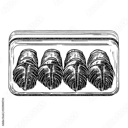 Intricate hand-drawn engraving of vintage pastries in a box for elegant culinary designs