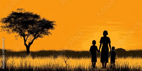 A mother and her two children walking together in the savanna
