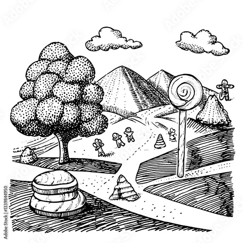 Engraved illustration of a whimsical landscape featuring a giant lollipop and playful figures amidst rolling hills and trees