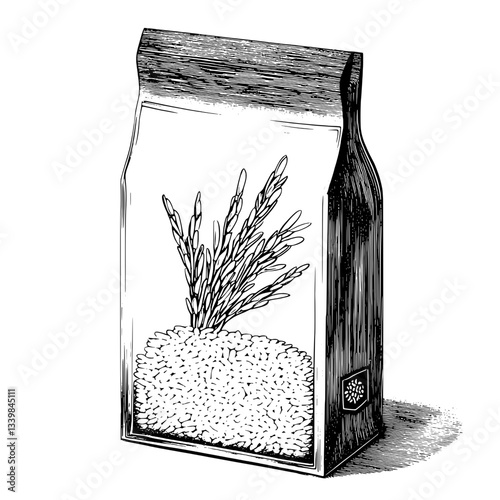 Intricate engraved illustration of vintage rice packaging showcasing hand-drawn design elements and premium quality details