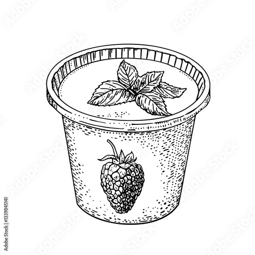Engraved illustration of a vintage dessert cup with fresh strawberries and mint leaves enhances the art of culinary design