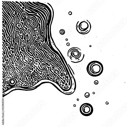 Elegant engraved illustration of abstract waves and bubbles in a vintage style, embodying creativity and sophistication