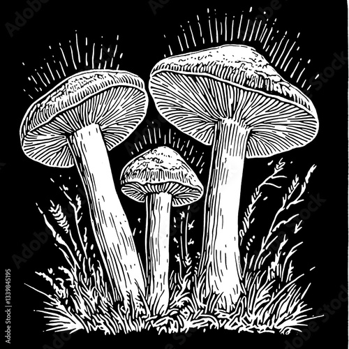 Engraved illustration showcasing three mushrooms surrounded by intricate foliage in a vintage hand-drawn style