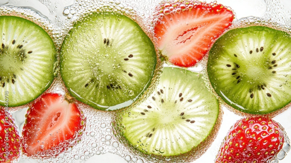 Sliced kiwi and strawberry fruit submerged in bubbly clear water Sliced kiwi and strawberry fruit submerged in bubbly clear water