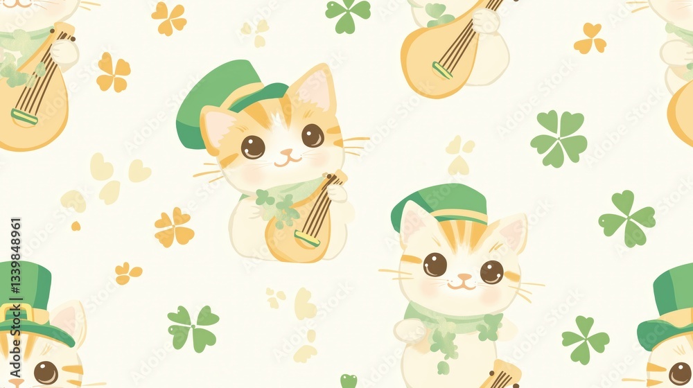 Fototapeta premium Adorable St. Patrick's Day Kitten in Green Hat and Shamrock Pattern - Cute Cartoon Feline Illustration for Festive Children's Wallpaper