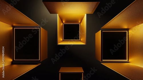 Golden illuminated boxes with black centers presented against a black background photo