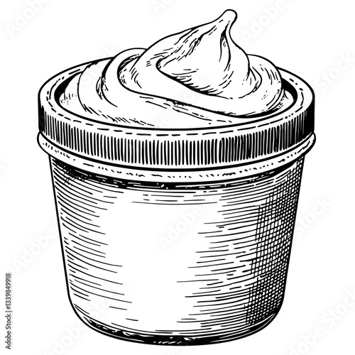 Engraved illustration of a vintage-style dessert container filled with creamy goodness ready for culinary delights