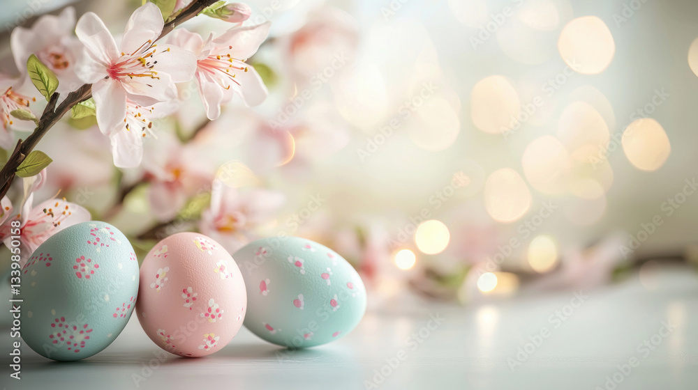 A soft-focus Easter background with blurry floral elements and glowing pastel eggs, dreamy and atmospheric A soft-focus Easter background with blurry floral elements and glowing pastel eggs, dreamy and atmospheric