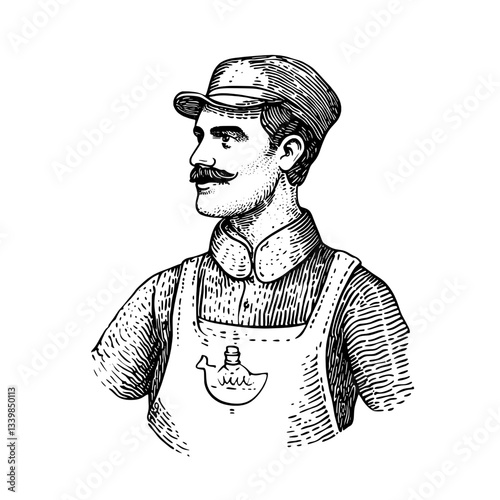 Vintage-Style Engraved Illustration of a Mustached Craftsman in Apron with a Unique Design Element