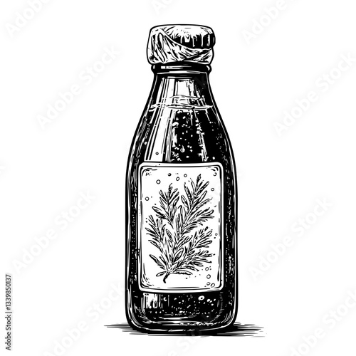 Engraved illustration of a vintage bottle featuring a hand-drawn botanical design for a unique artisanal product