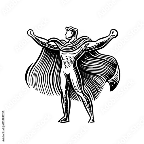 Dynamic superhero figure with flowing cape showcasing strength and resilience through vintage engraved illustration style