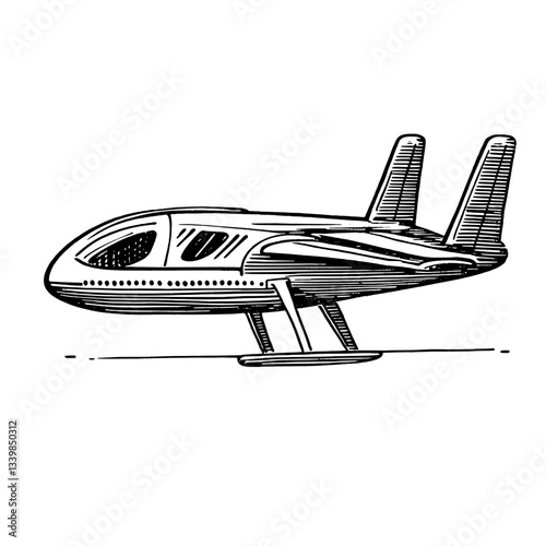 Vintage engraved illustration of a futuristic aircraft capturing the essence of innovative design and craftsmanship