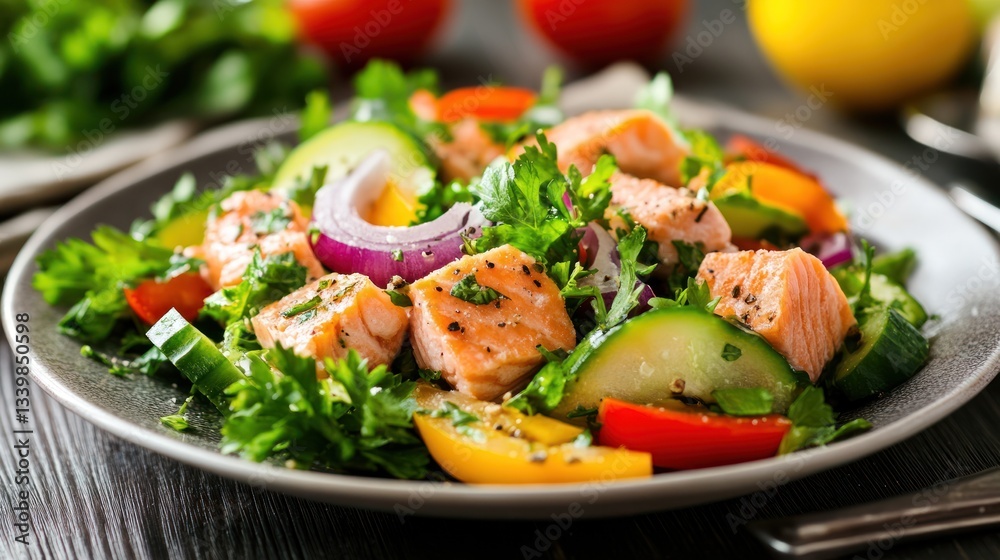 A delicious healthy salad contains salmon and various fresh vegetables A delicious healthy salad contains salmon and various fresh vegetables
