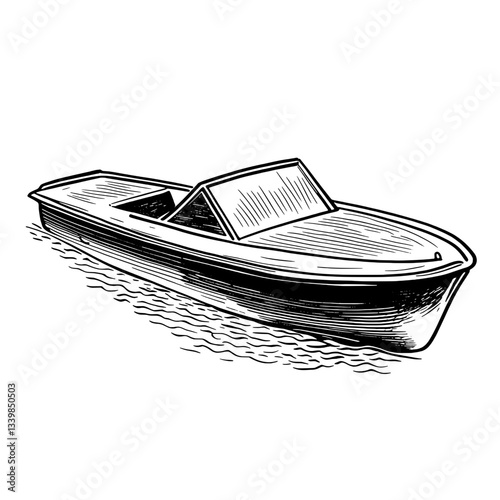Vintage engraved illustration of a sleek boat gliding across tranquil waters at sunset, capturing timeless design and elegance in marine art