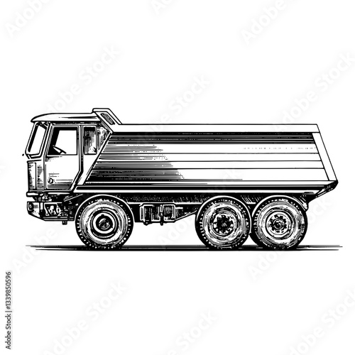 Engraved illustration of a vintage dump truck showcasing intricate details, ideal for tattoo design or premium product inspiration