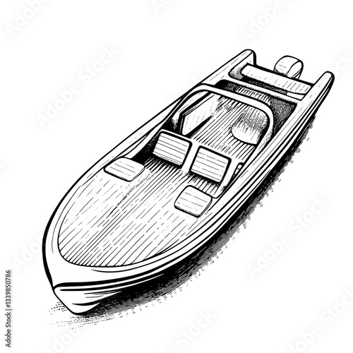 Intricately engraved illustration of a vintage wooden boat, showcasing classic design and craftsmanship