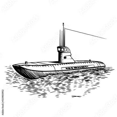 Engraved illustration of a vintage submarine navigating through calm waters