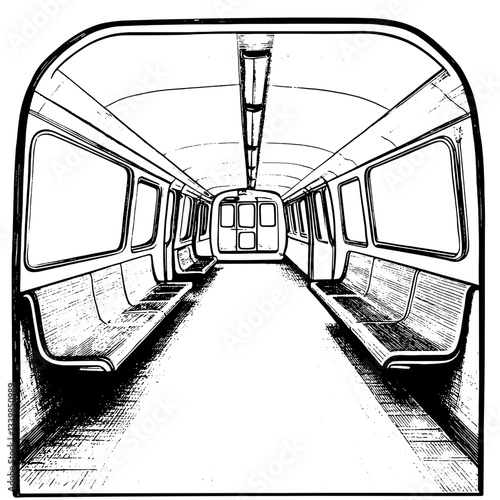 Engraved illustration of a vintage subway car interior showcasing empty seats and a distant exit