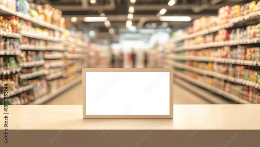 Blank Digital Sign in Supermarket Aisle, Showing Retail Advertising Space, Perfect for Grocery Store Promotion, Empty Display for Product Placement, Showcase your Advertisement Effectively.