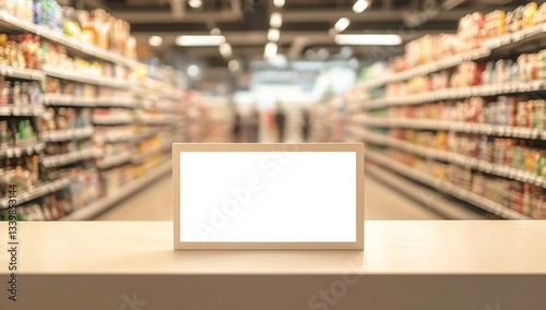 Obraz na płótnie Blank Digital Sign in Supermarket Aisle, Showing Retail Advertising Space, Perfect for Grocery Store Promotion, Empty Display for Product Placement, Showcase your Advertisement Effectively. w salonie
