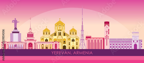 Sunset Skyline panorama of city of Yerevan, Armenia - vector illustration