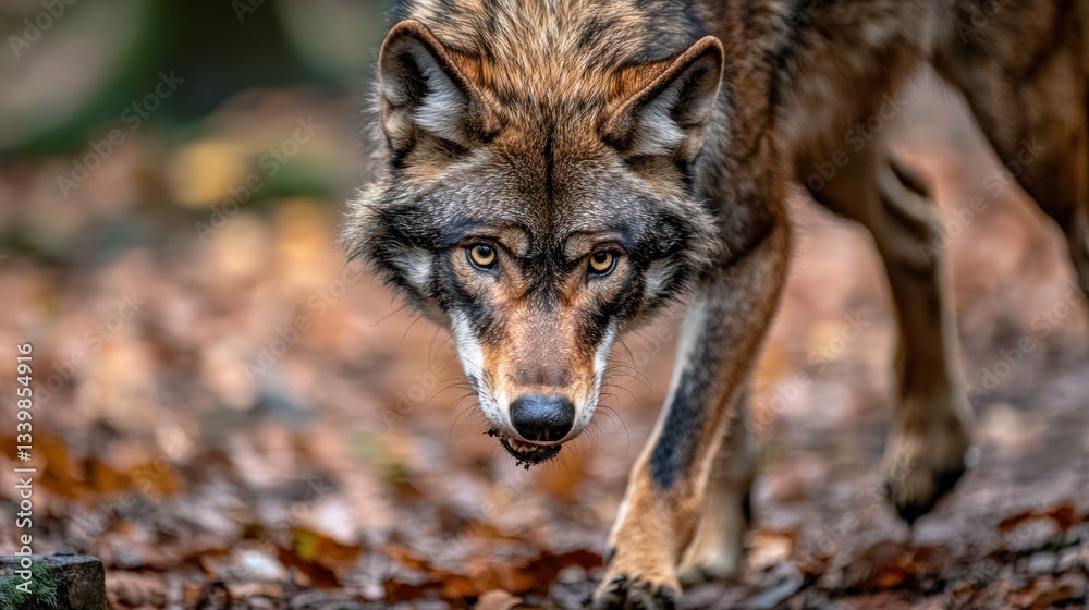 Fototapeta premium A close up portrait of a magnificent wolf walking forward