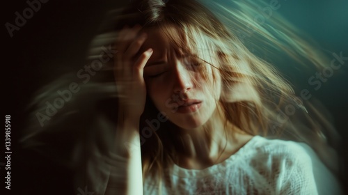 A woman clutches her head as swirling motion surrounds her, visually representing the disorienting effects of vertigo and dizziness.
 photo