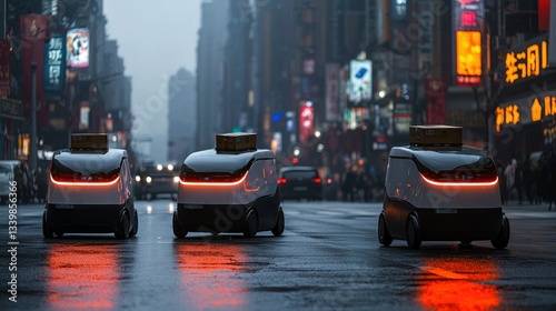 Three autonomous delivery robots move down a busy urban street slowly