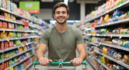 a happy man pushing a shopping cart and looking at the camera, in the middle of a supermarket aisle