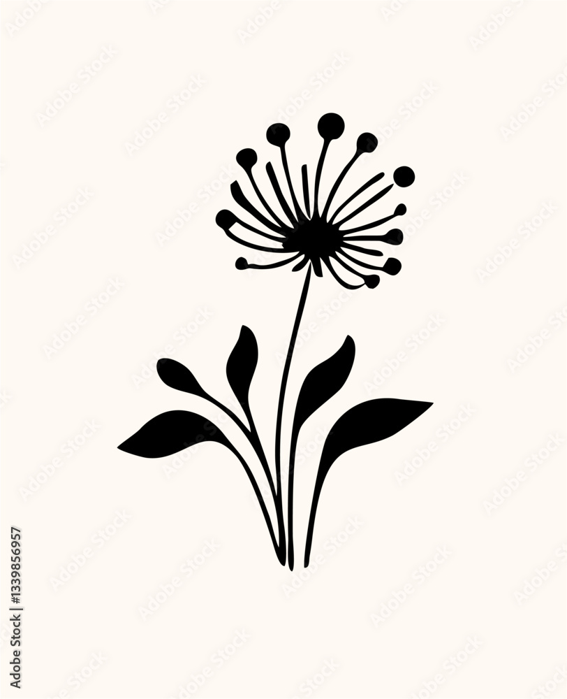 Obraz premium The image features a minimalist black flower illustration with a long stem, paired leaves, and a silhouette-shaped bloom on a cream background. Its design is simple and elegant.